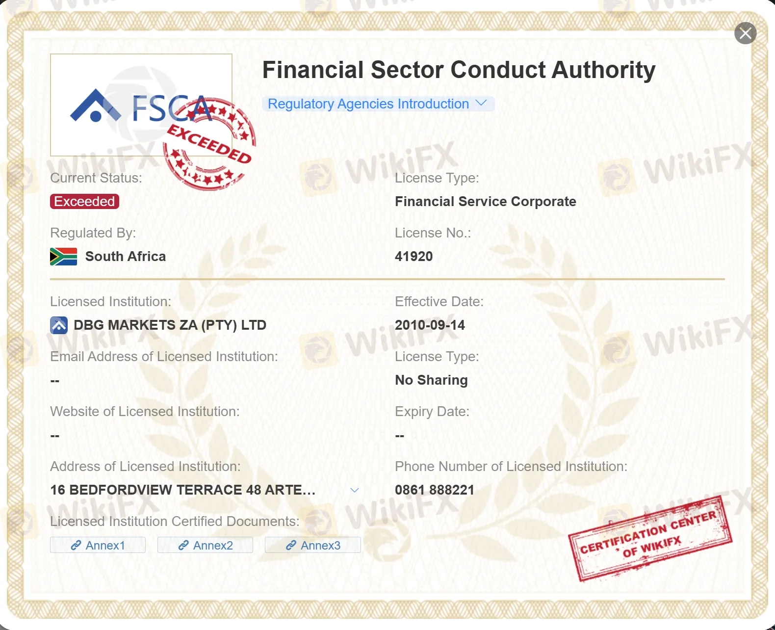 exceeded FSCA license exceeded FSCA license