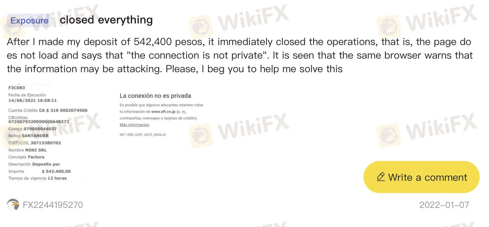 在WikiFX上的負面AFT FX 評論