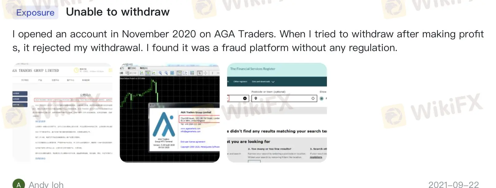 Opiniones negativas sobre AGA TRADERS GROUP en WikiFX