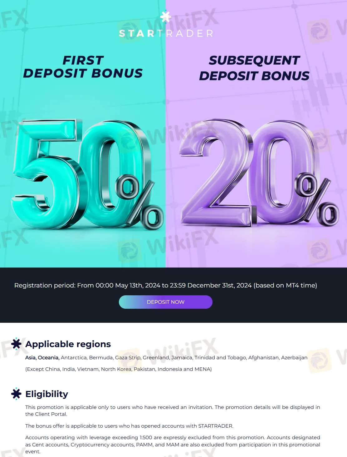 50% unang depositong bonus & 20% sumusunod na depositong bonus