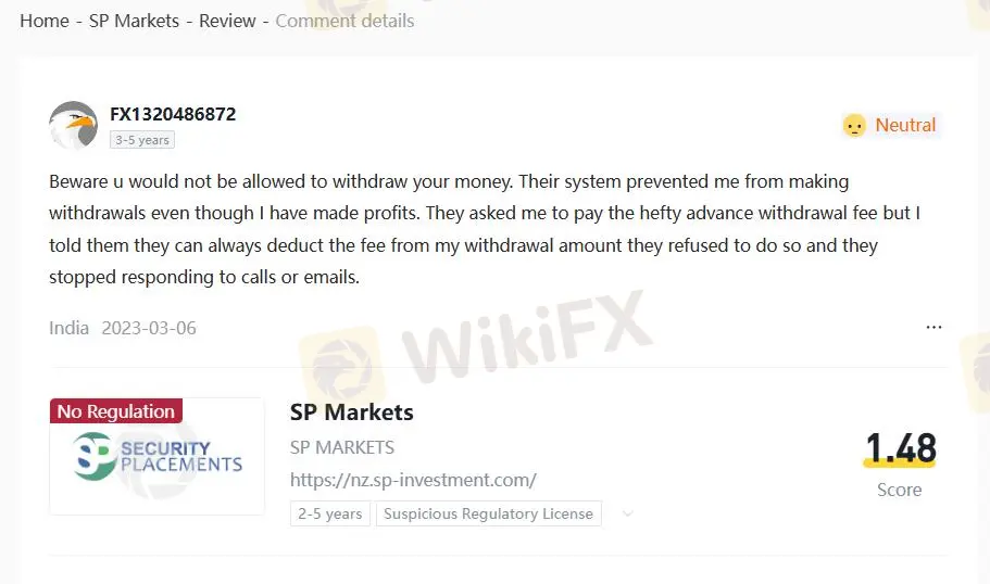 WikiFX 上對 SP Markets 的負面評論