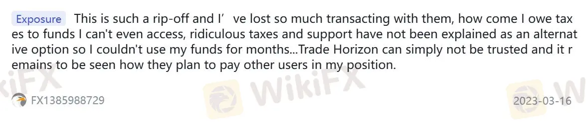 WikiFXでのTrade Horizonのネガティブなレビュー