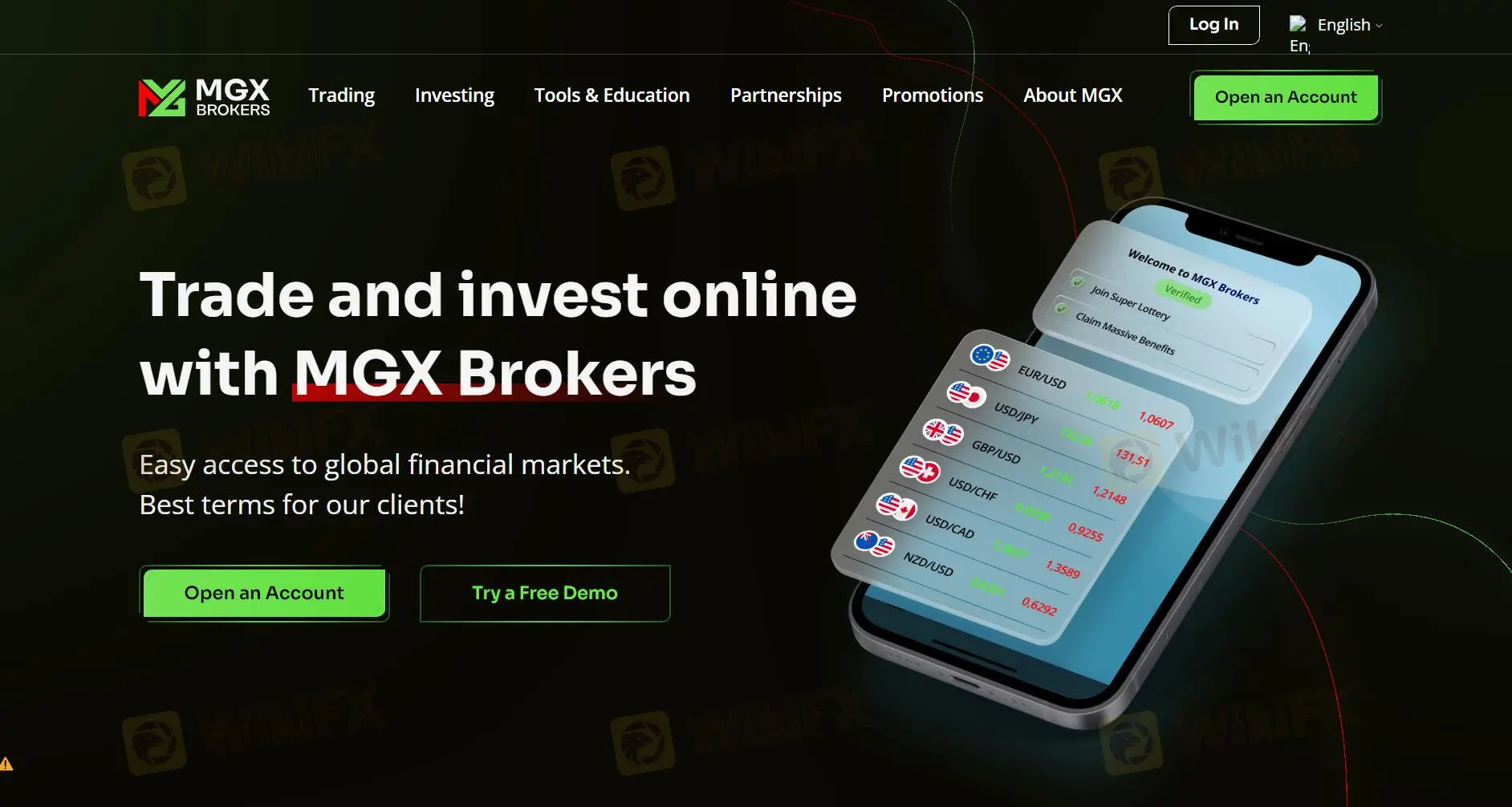 MGX Brokers' ana sayfası