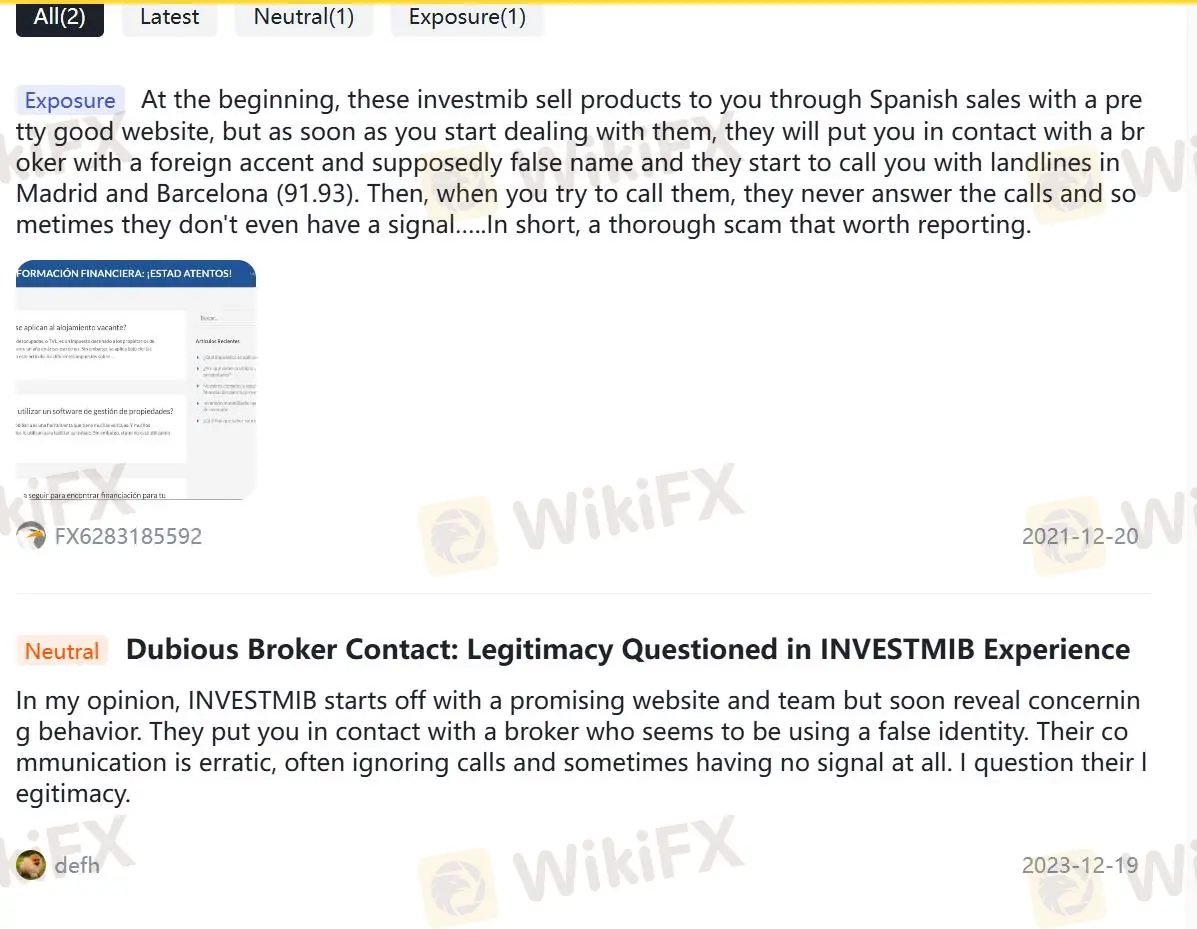 Opiniones negativas sobre INVESTMIB en WikiFX