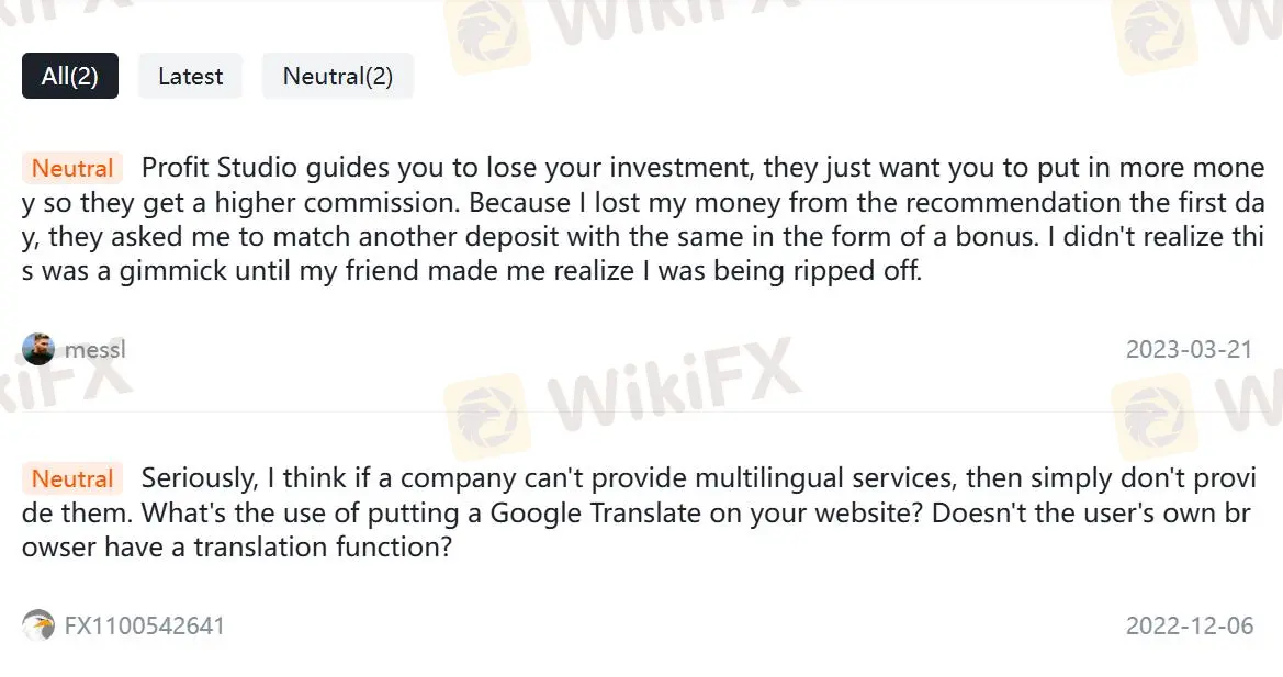 Avaliações do Profit Studio no WikiFX