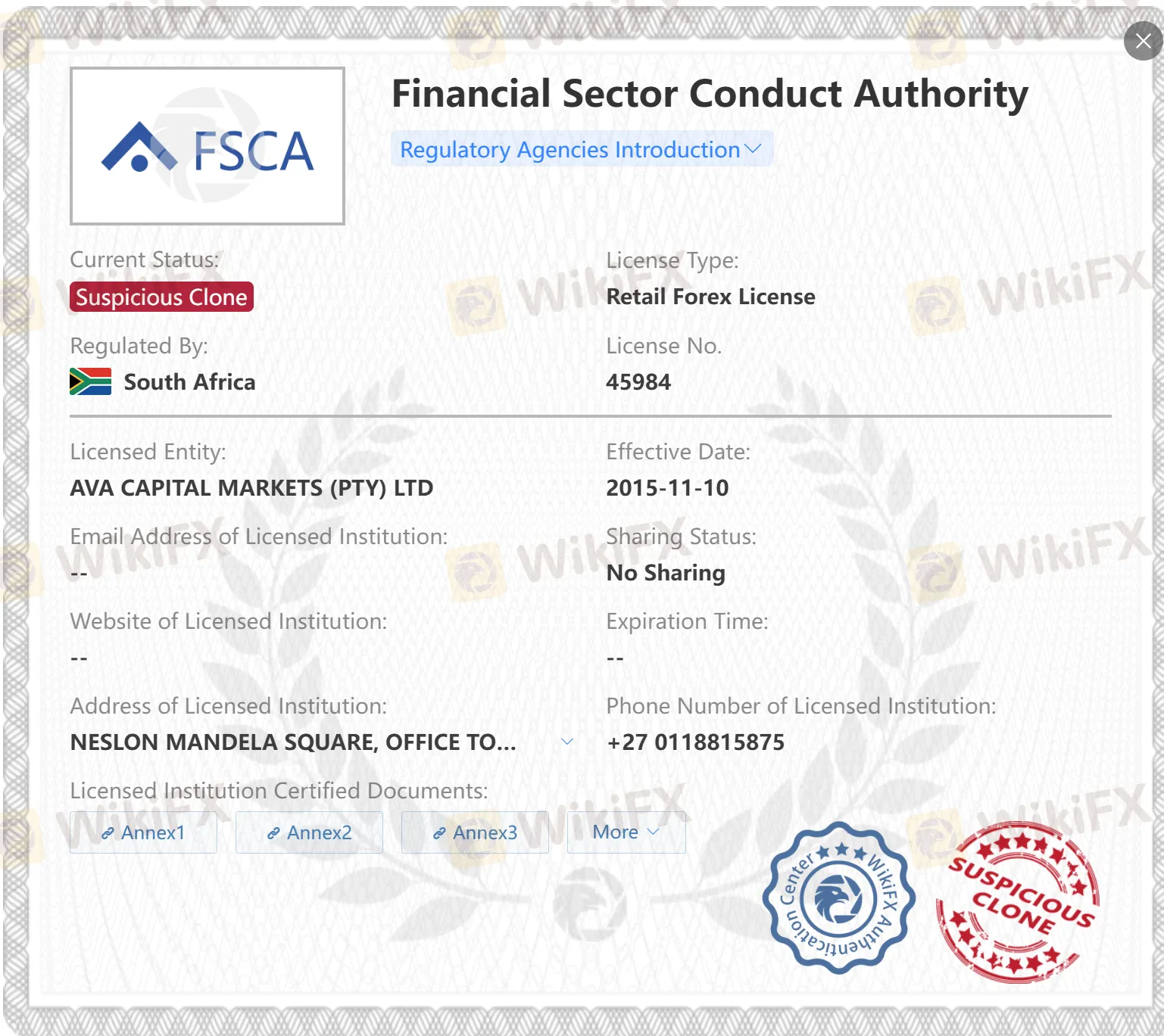 Licencia FSCA de clon sospechoso