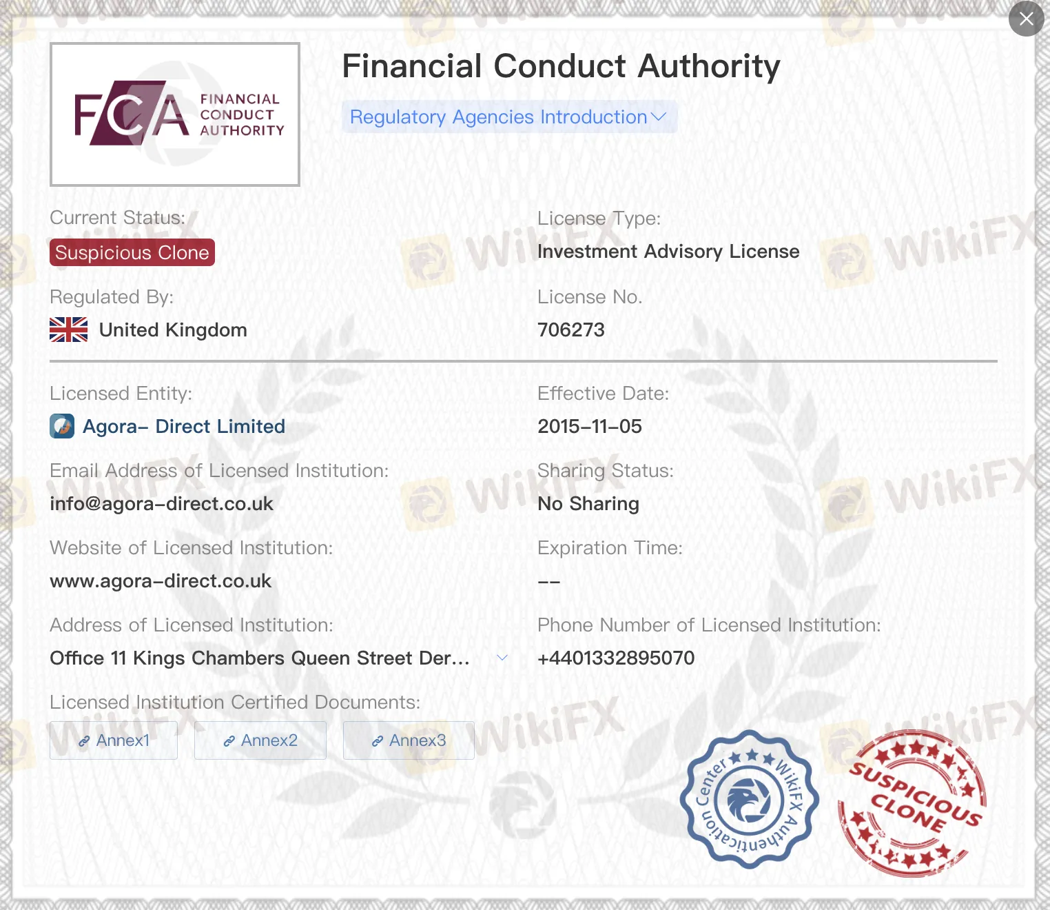 Suspicious clone FCA license