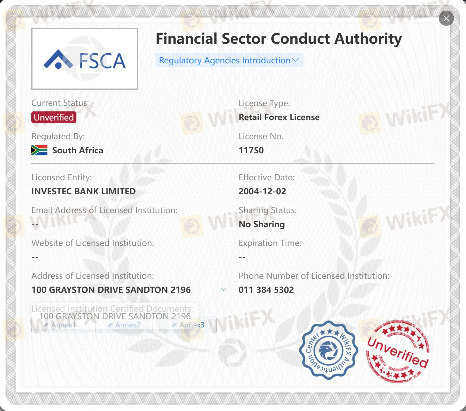 Unverified FSCA license